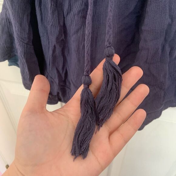 Elegant Unique Celtic Flowy 3/4 Sleeve Navy Blue Romper with Knit Lace Ruffles - Picture 10 of 11